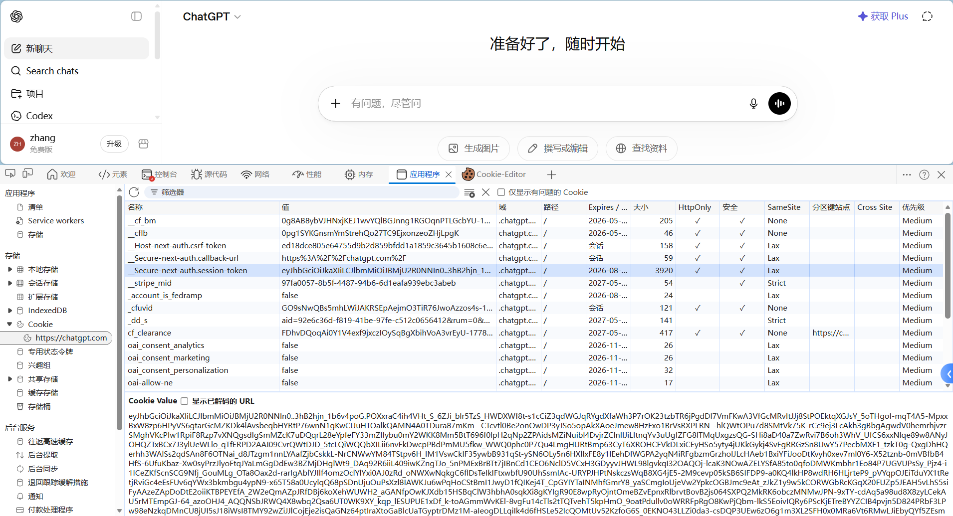 Chrome Application 面板中复制 Cookie Value 的示例截图